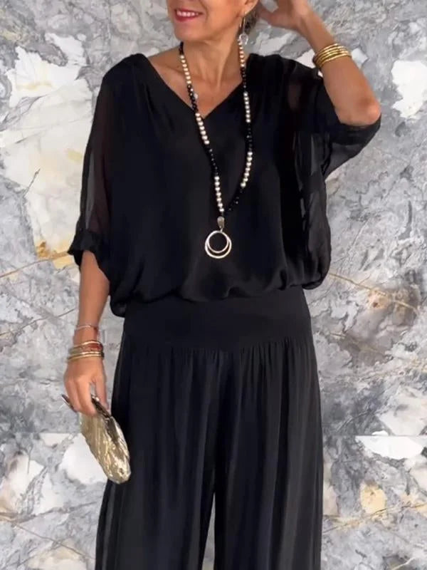 1 + 2 FREE | Elegant chiffon wide-leg pants two-piece set | 16K Sold in 3 Days – Back Again for 24H Only!