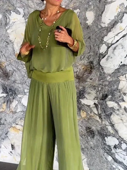 1 + 2 FREE | Elegant chiffon wide-leg pants two-piece set | 16K Sold in 3 Days – Back Again for 24H Only!