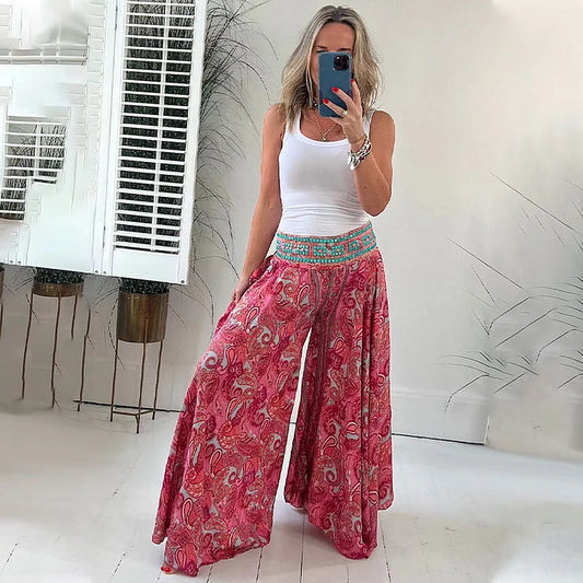 1 + 2 FREE | Ethnic Paisley Print Elastic Patchwork-Waist Lightweight Pants | 22K Sold in 3 Days – Back Again for 24H Only!